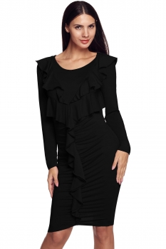 

Finejo Black Women Fashion O-Neck Long Sleeve Patchwork Ruffles Draped Bodycon Stretch Going Out Dresses, Multicolor