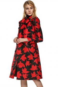 

Red Long Sleeve Print Double Breasted Wind Windbreaker Trench Coat, Multicolor