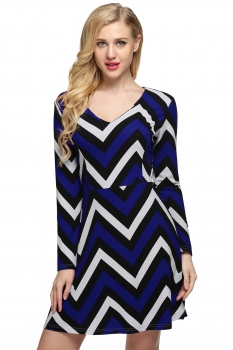

Blue V-Neck Wave Stripes Print A-Line Mini Dress, Multicolor