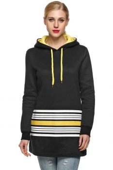 

Black Hoody Striped Pockets Long Sleeve Hooded Warm Long Hoodie, Multicolor