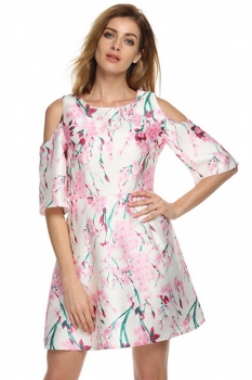 

Pink O Neck Hollow Shoudler Mandarin Sleeve Floral Printing Casual Dress, Multicolor