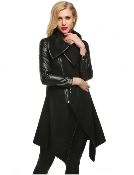 

Black Lapel Long Sleeve Faux Leather Patchwork Wool Blend Coat, Multicolor