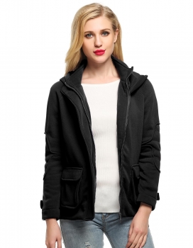

Black Finejo Women Fashion Long Sleeve Zip-up Solid Fleece Hooded Coats & Jackets, Multicolor
