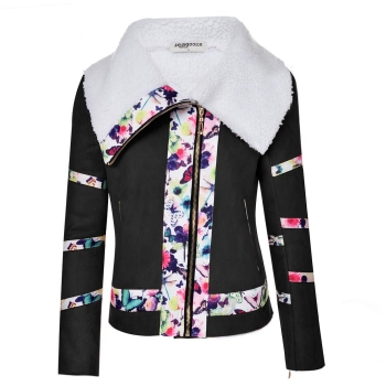 

Black Lapel Neck Long Sleeve Floral Fleece Zip-up Hoodie Jacket, Multicolor