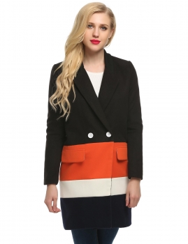 

Black Lapel Long Sleeve Loose Wool Blend Splicing Long Coat, Multicolor