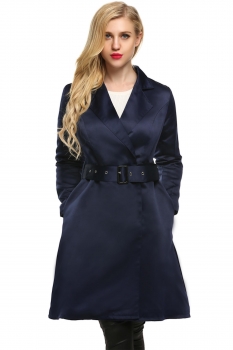 

Navy blue Finejo Women Fashion Elegant Notched Collar Solid Long Swing Trench with Belt Coats & Jackets, Multicolor