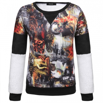 

Black Long Sleeve Print Patchwork Pullover Sweatshirt, Multicolor