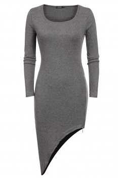 

Gray O-Neck Long Sleeve Slim Fit Asymmetry Casual Dress, Multicolor