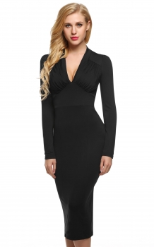 

Black Finejo Women Sexy Lady Long Sleeve Deep V Neck High Waist Calf Length Solid Party Evening Casual Dresses, Multicolor