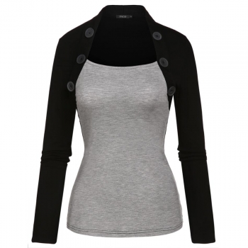 

Finejo Gray Women Fashion Casual Slim Bolero Style With Button Long Sleeve Patchwork Contrast Color Stretch Tank Tops & Blouses T-Shirts, Multicolor