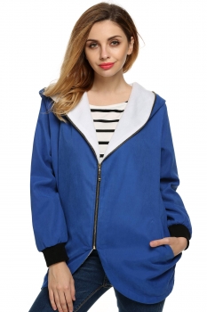 

Blue Finejo Stylish Women Irregular Slim Zipper Hooded Fleece Overcoat Coats & Jackets, Multicolor