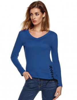 

Blue Finejo Stylish Ladies Casual Tops V Neck Long Sleeve Slim Solid Lace-Up Hem Casua Top, Multicolor