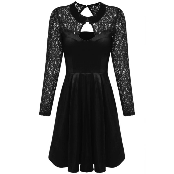 

Finejo Black Sexy Women Lace Patchwork Hollow A-line Cocktail Party Dresses, Multicolor
