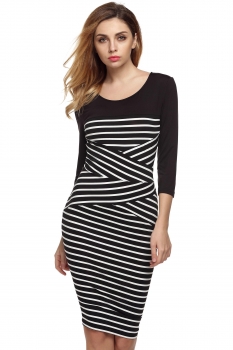 

Black O-neck 3"4 Sleeve Patchwork Striped Bodycon Going Out Dress, Multicolor