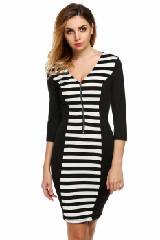 

Black V-Neck Striped Patchwork Going Out Dress, Multicolor