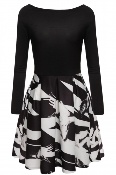 

Black Slash Neck Print Pleated Going Out Dress, Multicolor