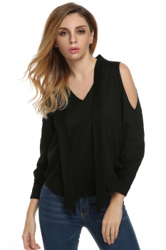 

Black Finejo Women Sexy Lady V Neck Long Sleeve Cold Shoulder Casual Solid Top Blouse, Multicolor