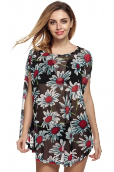 

Blue Floral Printed O-neck Batwing Sleeve Loose Tunics, Multicolor