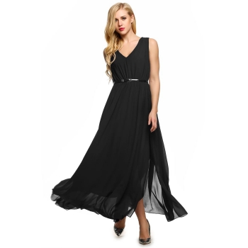 

Black ANGVNS Women V-Neck Sleeveless Solid Chiffon Maxi Slit With Belt Casual Dresses, Multicolor