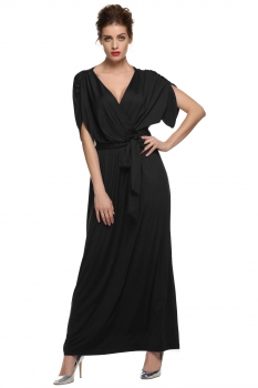 

ANGVNS Black Women Lady Batwing Sleeve Deep Neck Solid Maxi Long Full Gown with Belt Casual Dresses, Multicolor