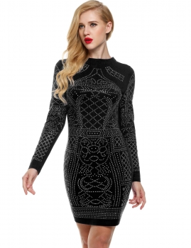 

Black Geometric Retro Rhinestone O-neck Bodycon Casual Dress, Multicolor