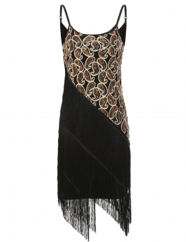 

Gold Sleeveless Spaghetti Strap Sequin Tassel Mini Dress, Multicolor