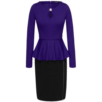 

Purple Finejo Women Casual O-Neck Long Sleeve Peplum Design Package Hip Sexy Bodycon Work Dresses, Multicolor