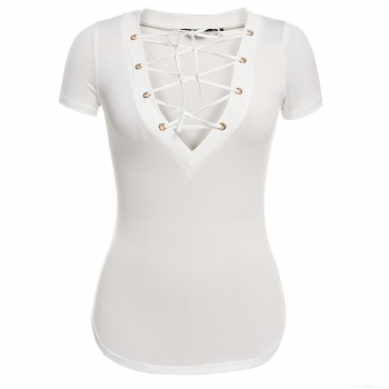 

White FINEJO Women Sexy Front Cross Bandage Plunge V Neck Lace Up Thin Waist Slim Fit T-Shirts, Multicolor