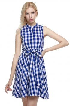 

Finejo Dark blue Women Sleeveless Plaid Mini Shift Casual Dresses, Multicolor