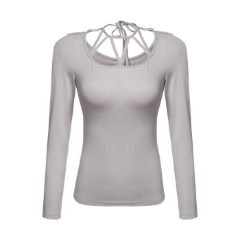 

Finejo Gray Women Long Sleeve Bandage Hollow Sexy Casual & Blouses Tank Tops T-Shirts, Multicolor