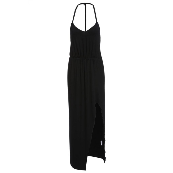 

Finejo Black Women Strap Deep V Neck Summer Backless Slit Party Long Maxi Casual Dresses, Multicolor