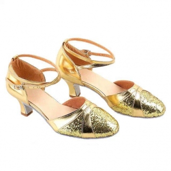 

Gold 1920s Vintage Style Shimmer Round Toe Ankle Strap Tango Latin Dance Shoes, Multicolor
