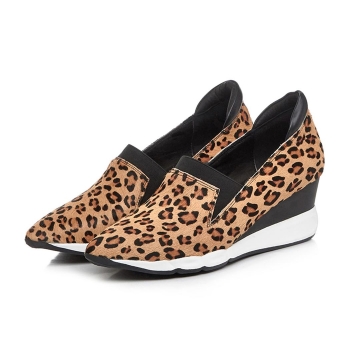 

Genuine Leather Leopard Print Point Toe Wedge Heel Loafers Casual Shoes, Multicolor