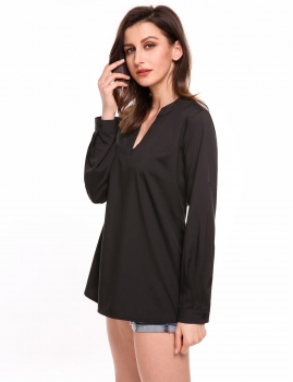 

Black Long Sleeve Asymmetric Hem V-neck Loose Blouse, Multicolor