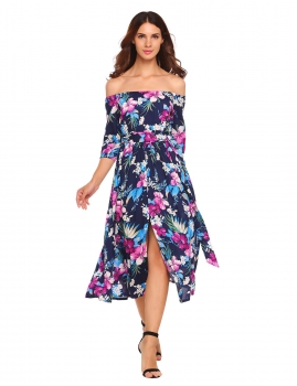 

Blue 3"4 Sleeve Off-shoulder Floral Maxi Dress, Multicolor