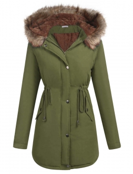 

Army green Artificial Fur Hooded Drawstring Waist and Hem Thickening Coat, Multicolor