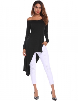 

Black Women V-Neck Off Shoulder Long Sleeve Asymmetrical T-Shirt Top, Multicolor