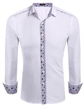 

Blue and White Mens Ethnic Style Casual Long Sleeve Contrast Color Slim Shirts, Multicolor