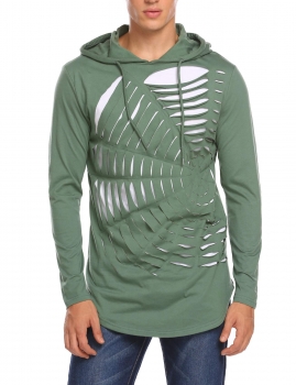 

Green Men Fashion Hooded Long Sleeve Hip Hop Holes Slim Fit Casual T-Shirt Tops, Multicolor
