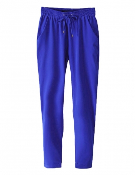 

Blue Chiffon Elastic Waist Solid Office Summer Pants, Multicolor