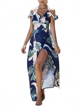 

Blue Strap Ruffle Short Sleeve Floral Beach Bohemian Style Dress, Multicolor