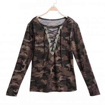 

Black Deep V-Neck Front Lace Up Long Sleeve Camouflage T-shirt, Multicolor