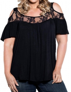 

Black Cold Shoulder Plus Size Irregular Lace Patchwork Blouse, Multicolor