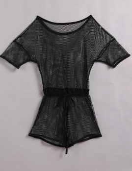 

Black Hollow-out Mesh Short Sleeve Waist Drawstring Cover Up, Multicolor