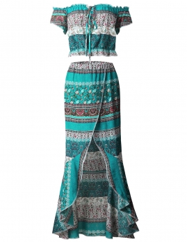 

Green Off the Shoulder Short Sleeve Print Crop Tops with Wrap Tie Skirt, Multicolor