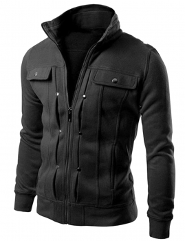 

Black Men Stand Neck Long Sleeve Zipper Up Solid Fleece Hoodie Jacket Coat With Pocket, Multicolor