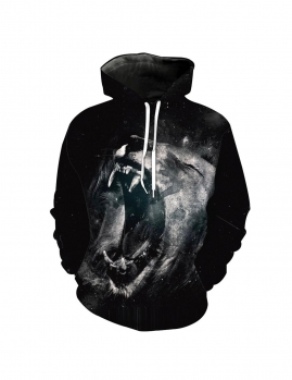 

Black Men Drawstring Roaring lion Print Hoodie, Multicolor