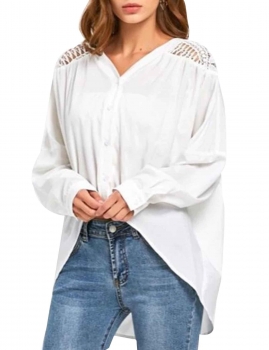 

New Fashion Women Casual V-Neck Long Sleeve Sexy Hollow Out Asymmetrical Hem Cover Up Shirt, Multicolor