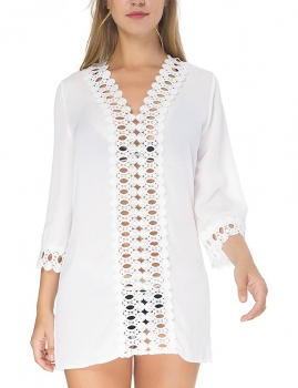 

New Fashion Women Summer Lace Patchwork Bikini Swimwear Cover Up Beach Shirt, Multicolor