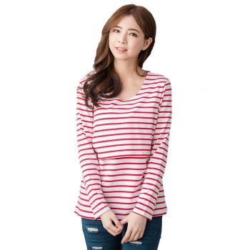 

Red O-Neck Long Sleeve Striped Breast Feeding Loose Blouse T-shirt Tops, Multicolor